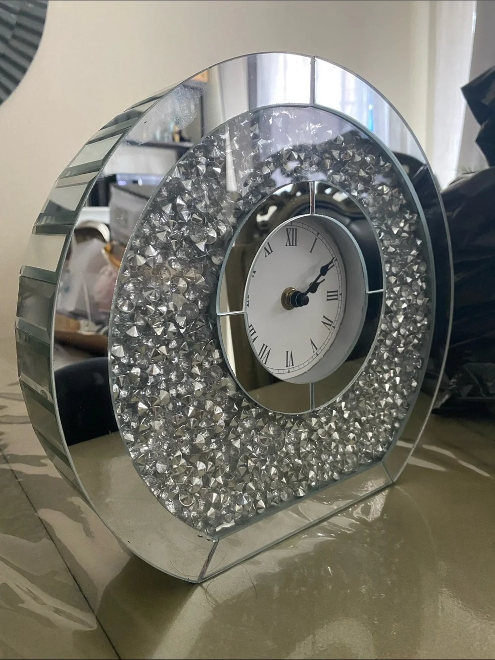 Crystal Accent Wall Clock - Silver Mirrored Home Decor